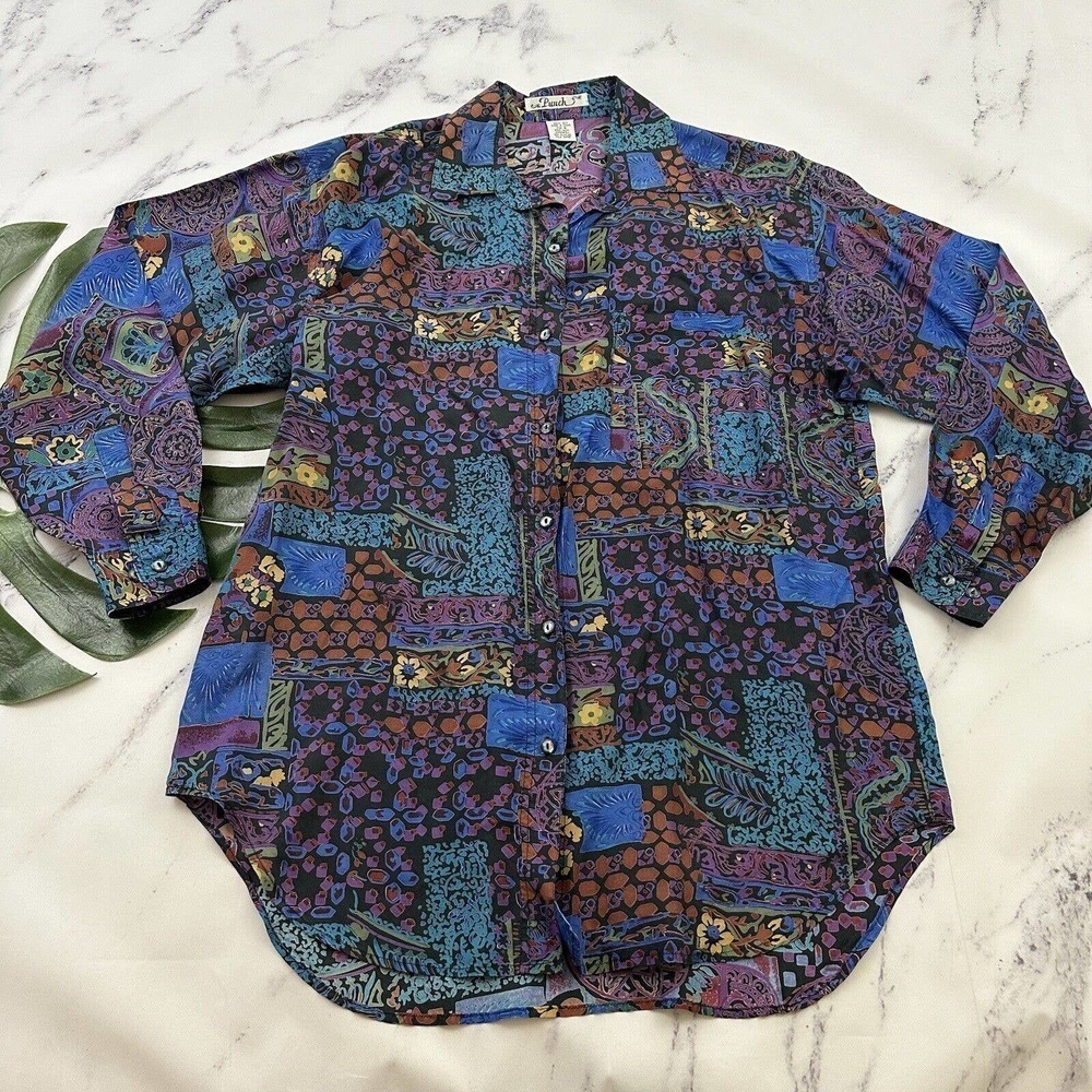 Punch Womens Vintage 90s Silk Oversize Shirt Size M Purple Blue Abstract Floral
